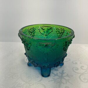 Vintage Green & Blue Footed Glass‎ Bowl With Embossed Grape Design